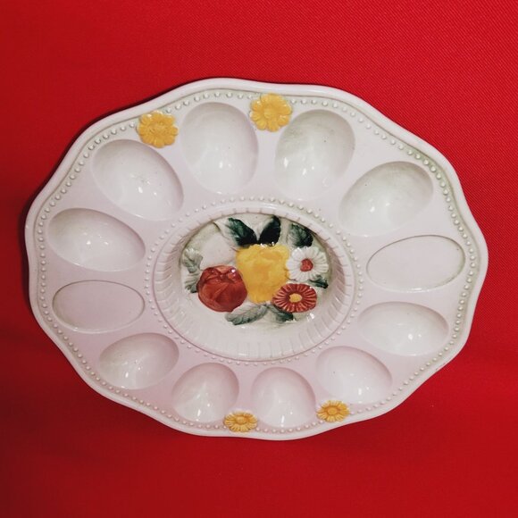 Deviled Egg Plate Serving Platter Tray Fruit Floral Center - Picture 4 of 10